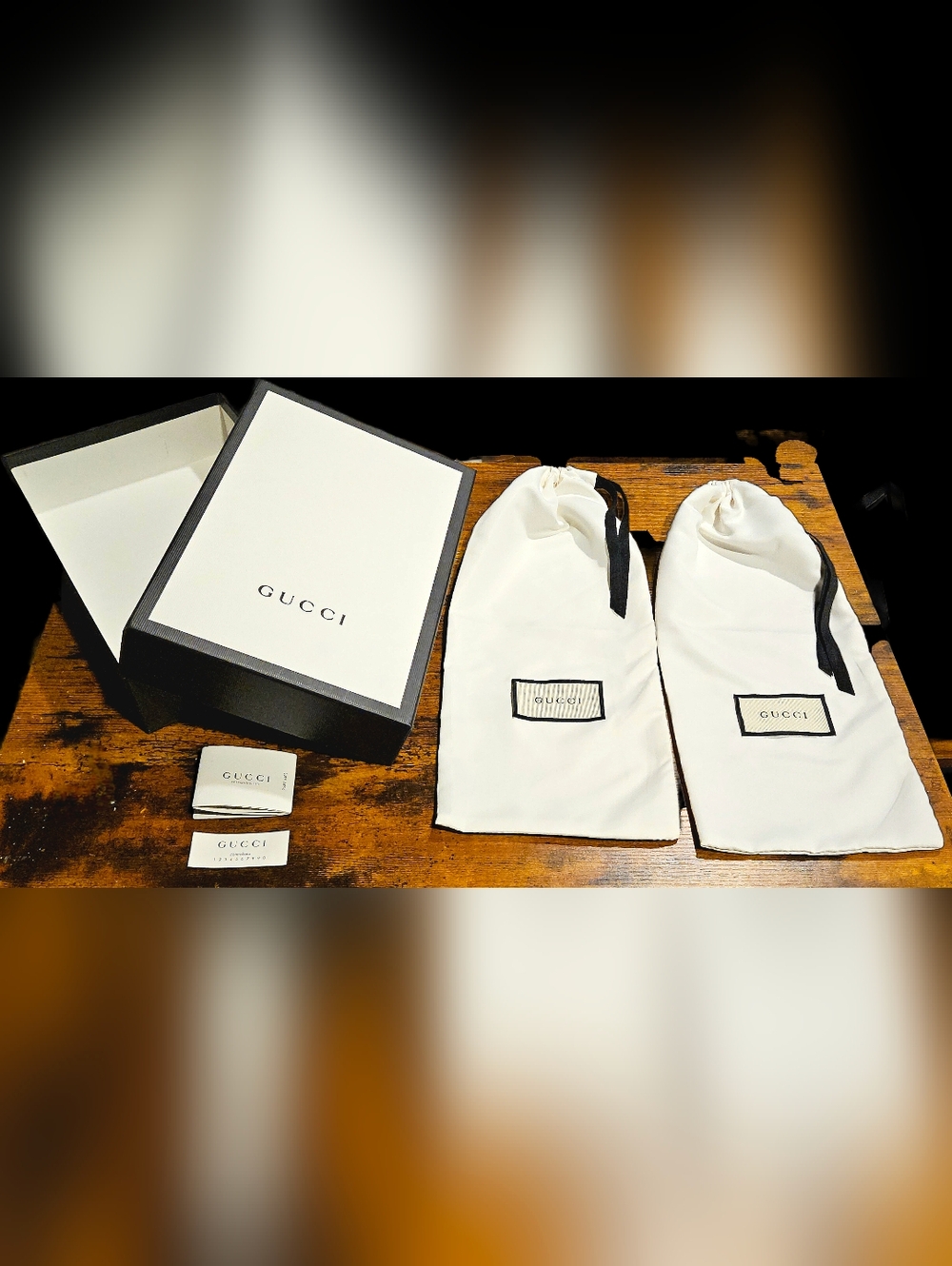 NEW Gucci Black White Gift Box 2 Dust Bags Ribbon Booklet Complete Handbag Set